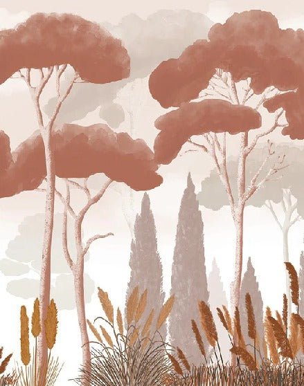 Terracotta cypress, pine and pampas grass wallpaper