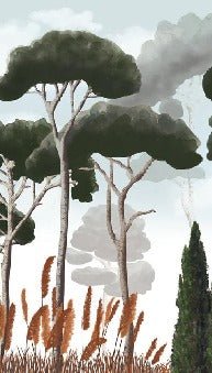 Custom wallpaper featuring cypress trees, pine trees, and pampas grass