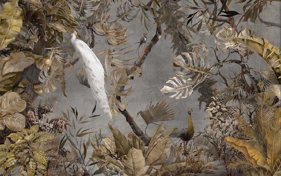 Imperial white peacock panoramic wallpaper