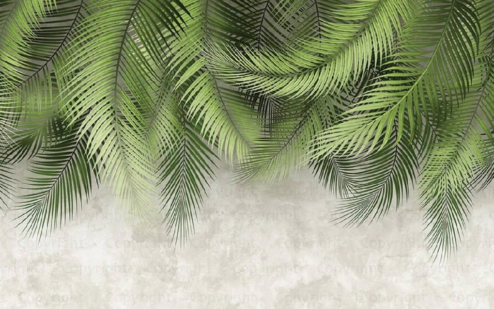 Palm leaf wallpaper and cement wall