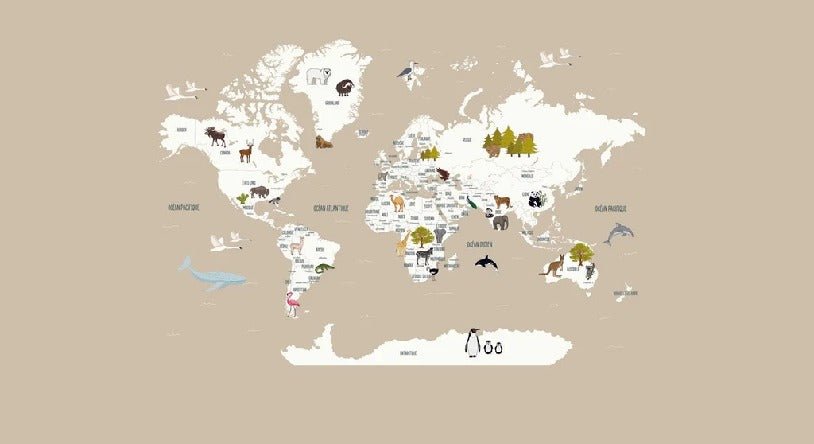 Children's French world map wallpaper beige