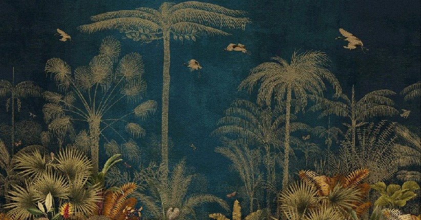 Blue jungle engraving wallpaper