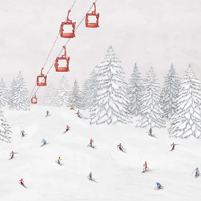 Colorful skiers gondola wallpaper