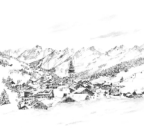 Papier peint panoramique La Clusaz en peinture
