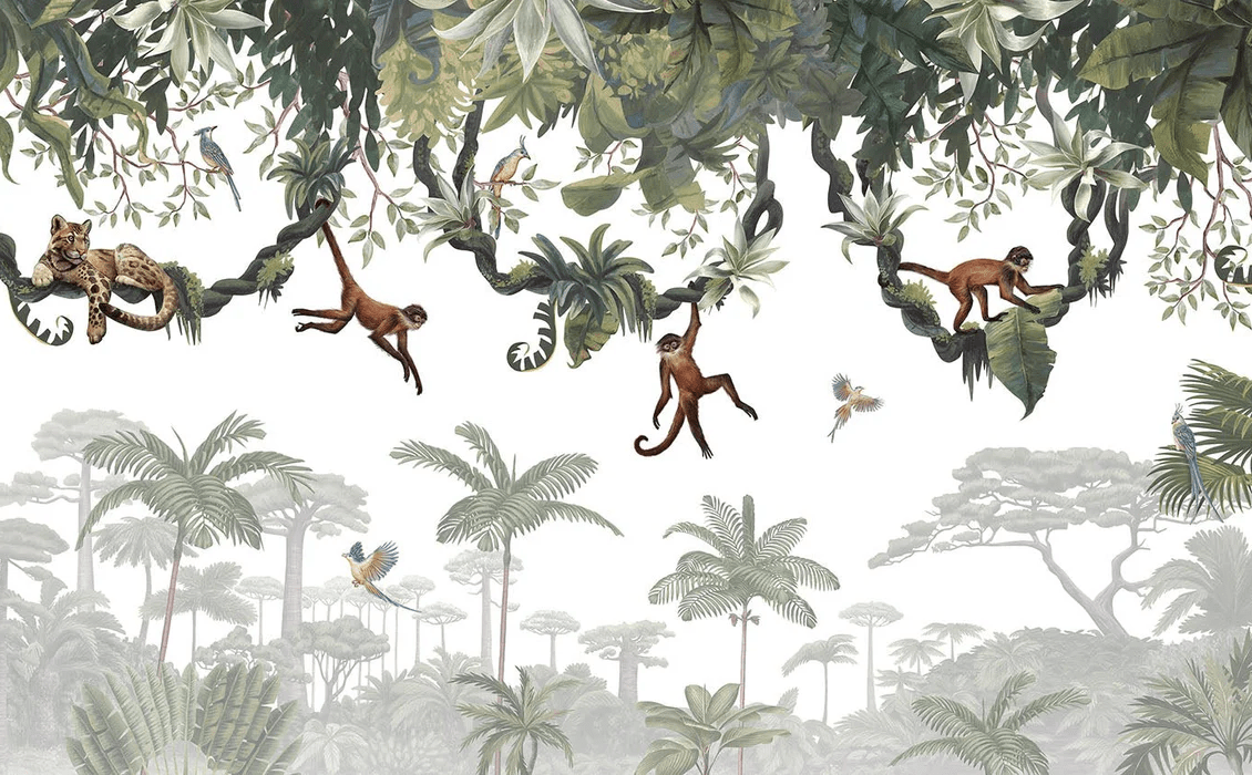 Children's wallpaper featuring monkeys playing