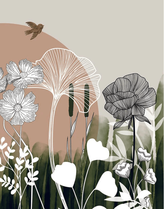 Panoramic wallpaper with floral illustration