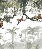 Children's wallpaper featuring monkeys playing