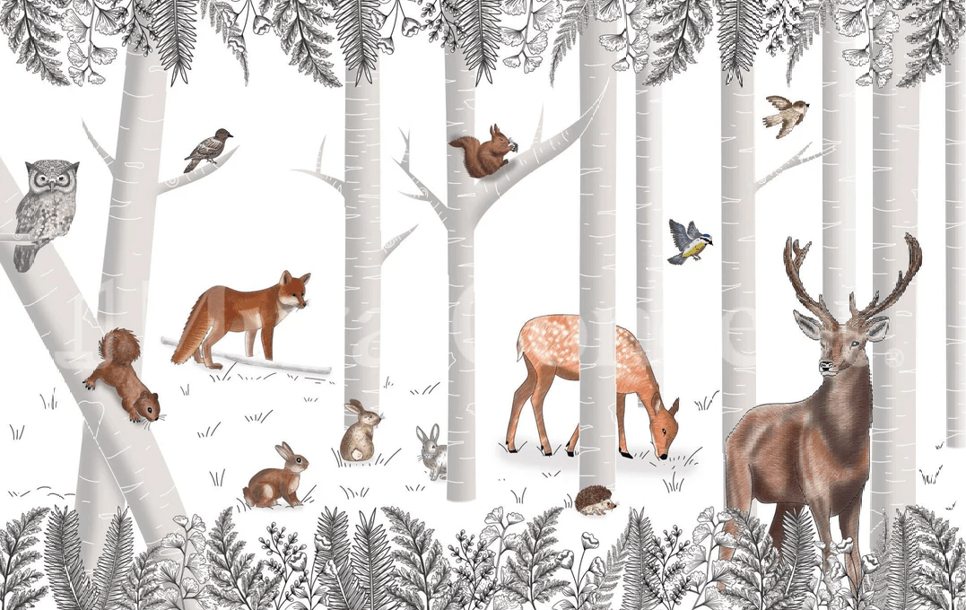 Papier peint bois enchanté et ses animaux - Muralconcept