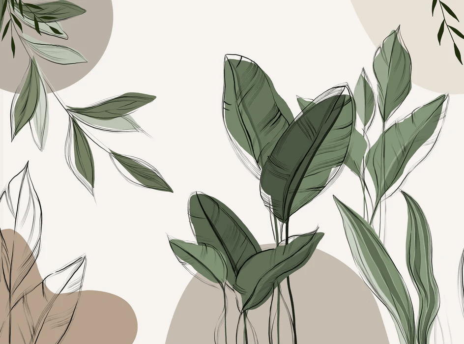 Taupe graphic plant panoramic wallpaper