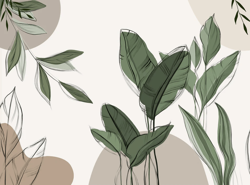 Taupe graphic plant panoramic wallpaper