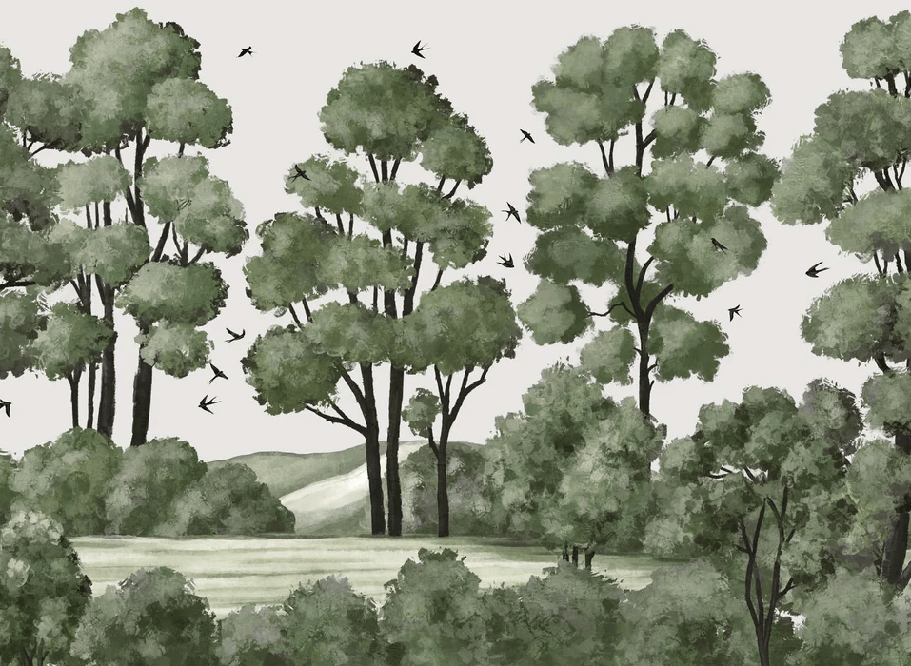 Papier peint paysage rivière forêt vert - Muralconcept