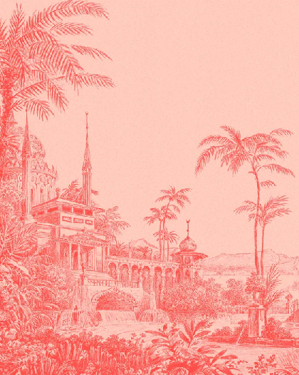 Papier peint jungle temple monochrome rouge