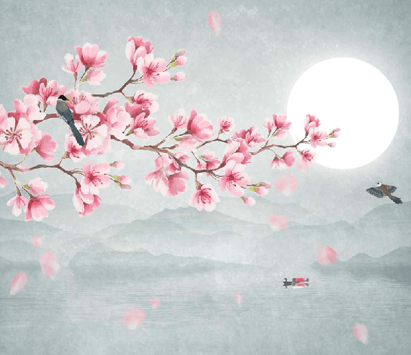 Papier peint salle de bain tendance floral cerisier poétique - Muralconcept