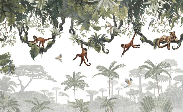 Children's wallpaper featuring monkeys playing