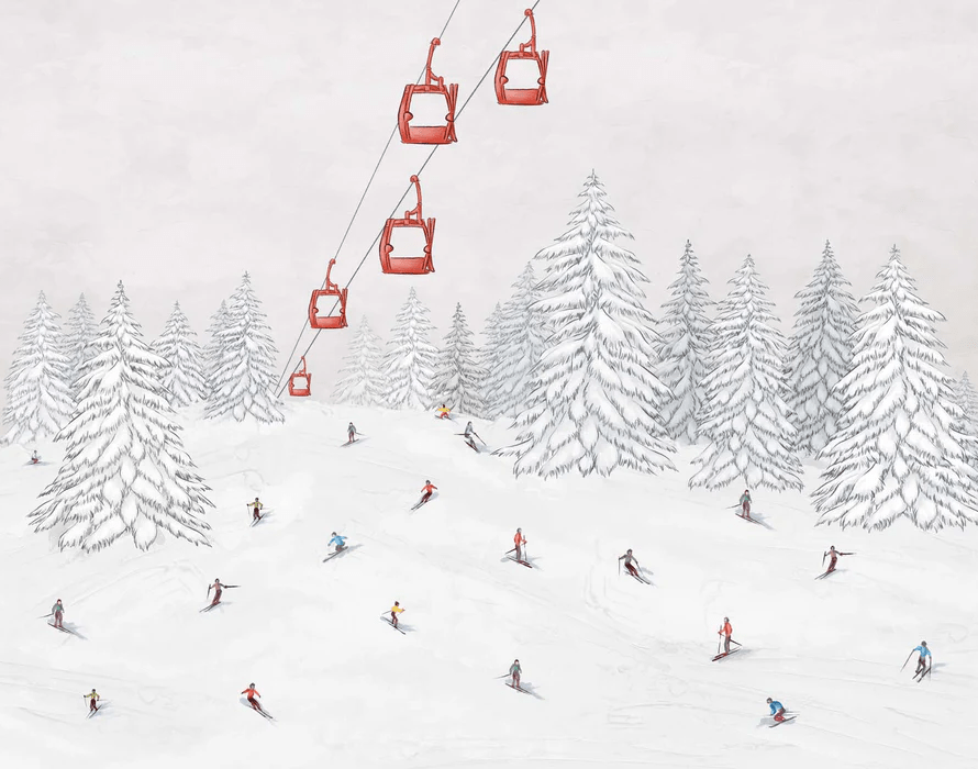 Colorful skiers gondola wallpaper