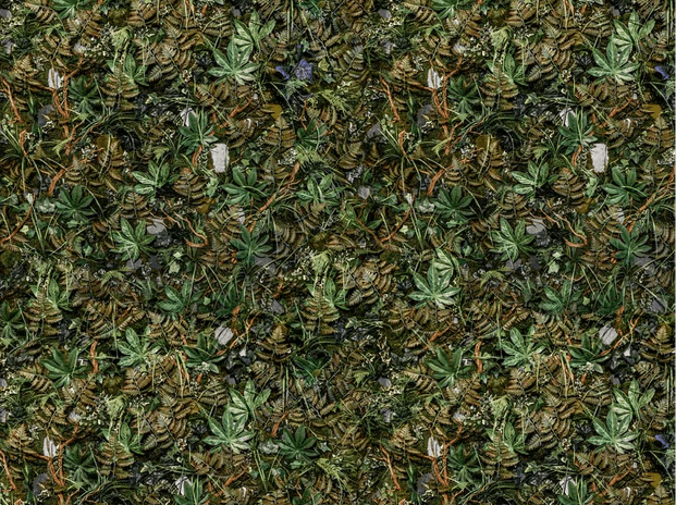 Panoramic trompe l'oeil wallpaper with a plant wall design