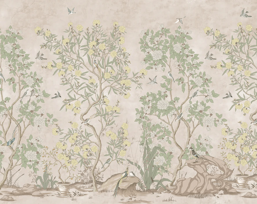 Panoramic wallpaper with Chinese garden motif