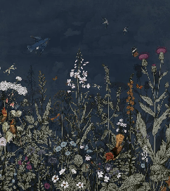 Midnight blue floral panoramic wallpaper