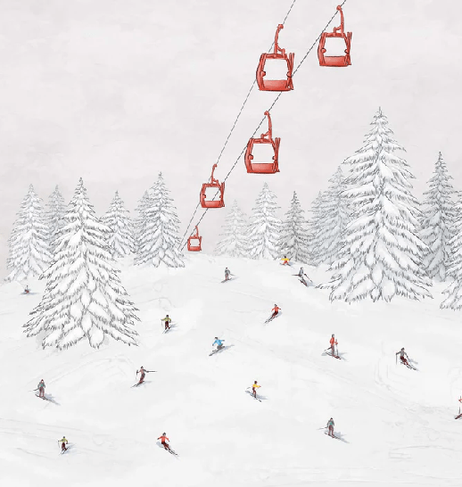 Colorful skiers gondola wallpaper