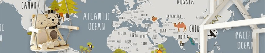 Gray animal map children's bedroom wallpaper