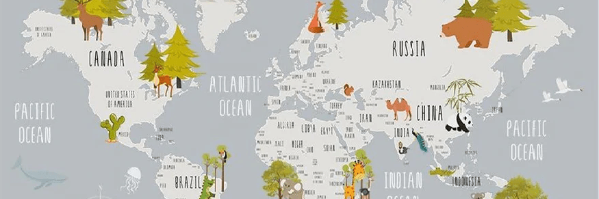 Light gray animal map children's bedroom wallpaper