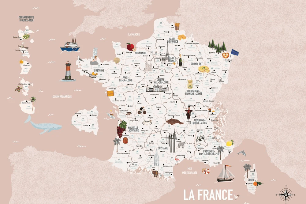 Papier peint enfant carte France rosé, XXL, tendance