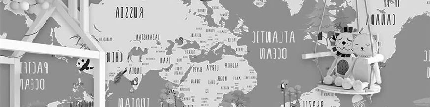 Gray animal map children's bedroom wallpaper