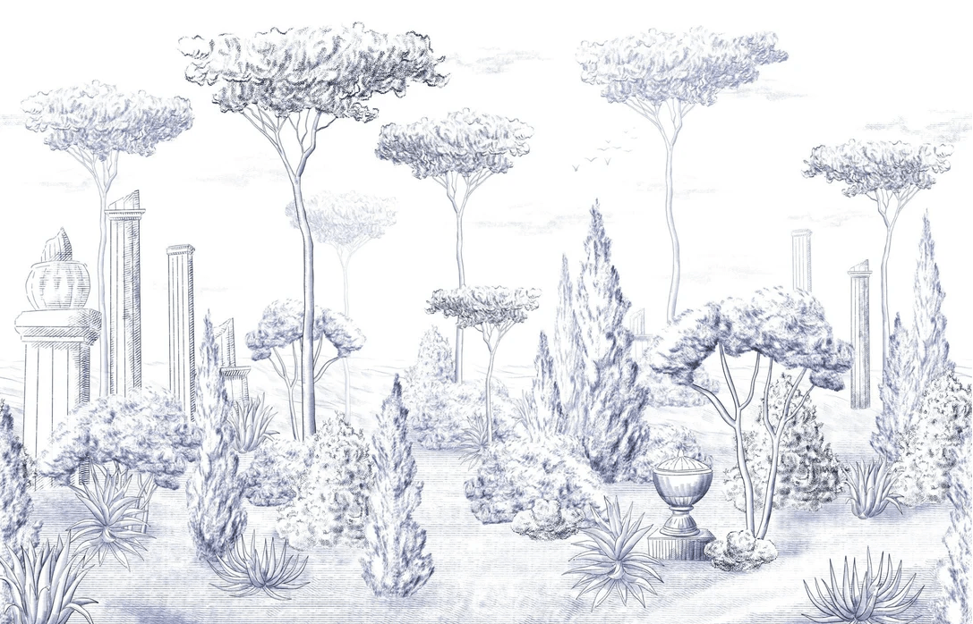 Papier peint style romain pinède bleu - Muralconcept