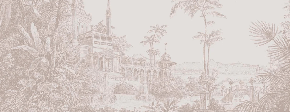 Monochrome jungle temple wallpaper