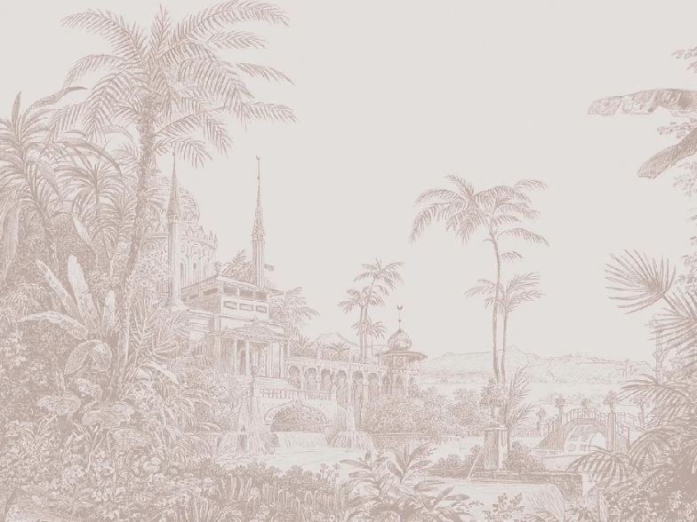 Monochrome jungle temple wallpaper