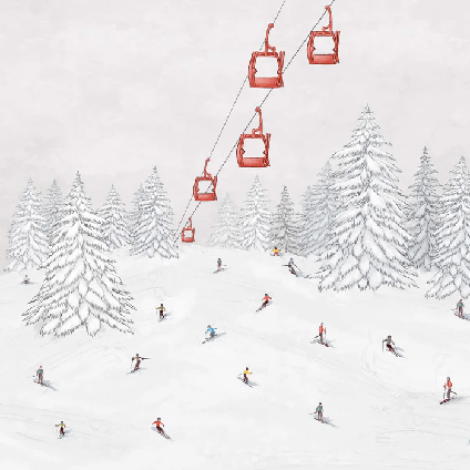 Colorful skiers gondola wallpaper