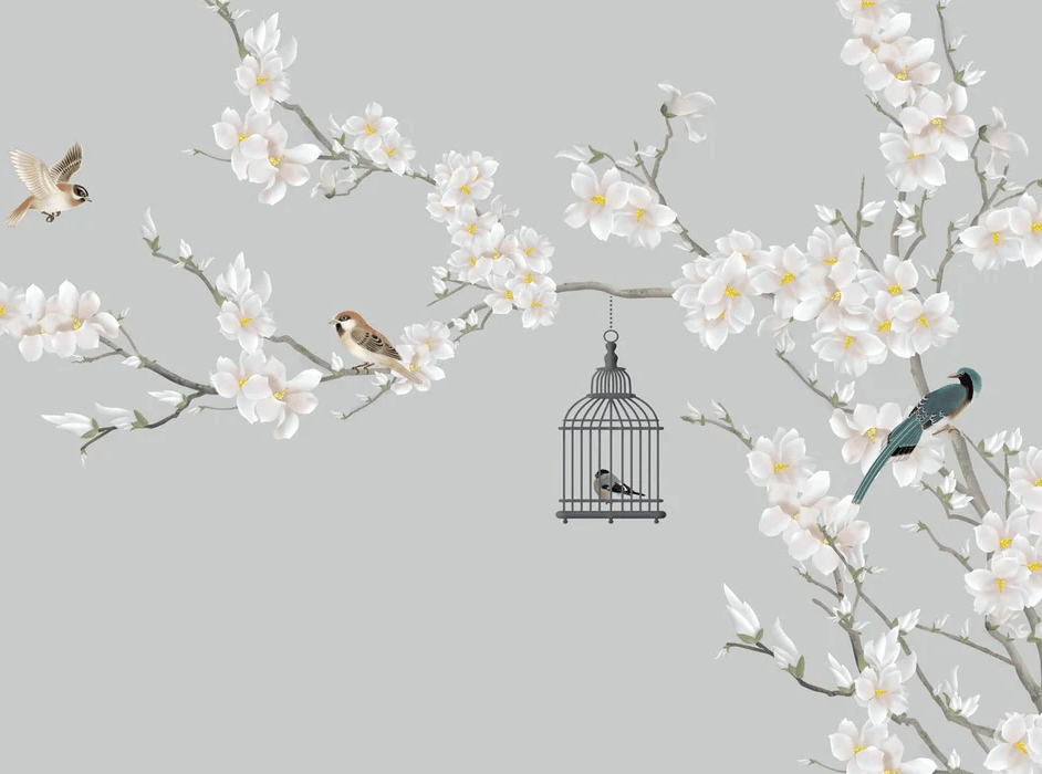 Romantic living room wallpaper with blossoming trees