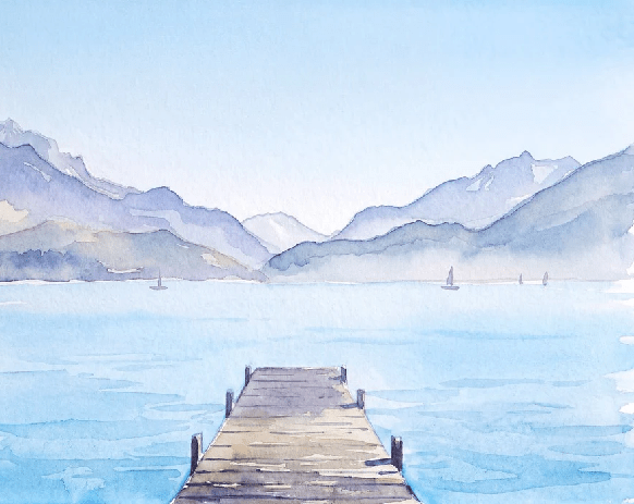 Papier peint aquarelle ponton lac Annecy - Perspective - Muralconcept