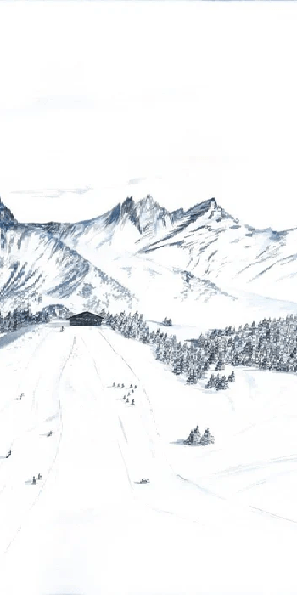 Papier peint montagne Megève – Fresque artistique peinte à la main - Muralconcept