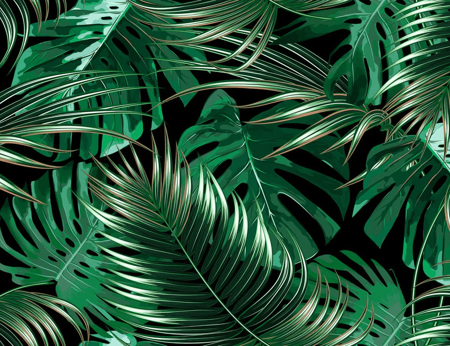 Non-woven wallpaper with large green leaves