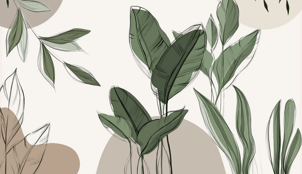 Taupe graphic plant panoramic wallpaper