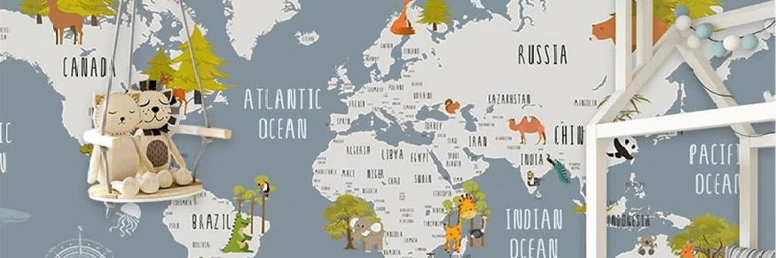 Gray animal map children's bedroom wallpaper