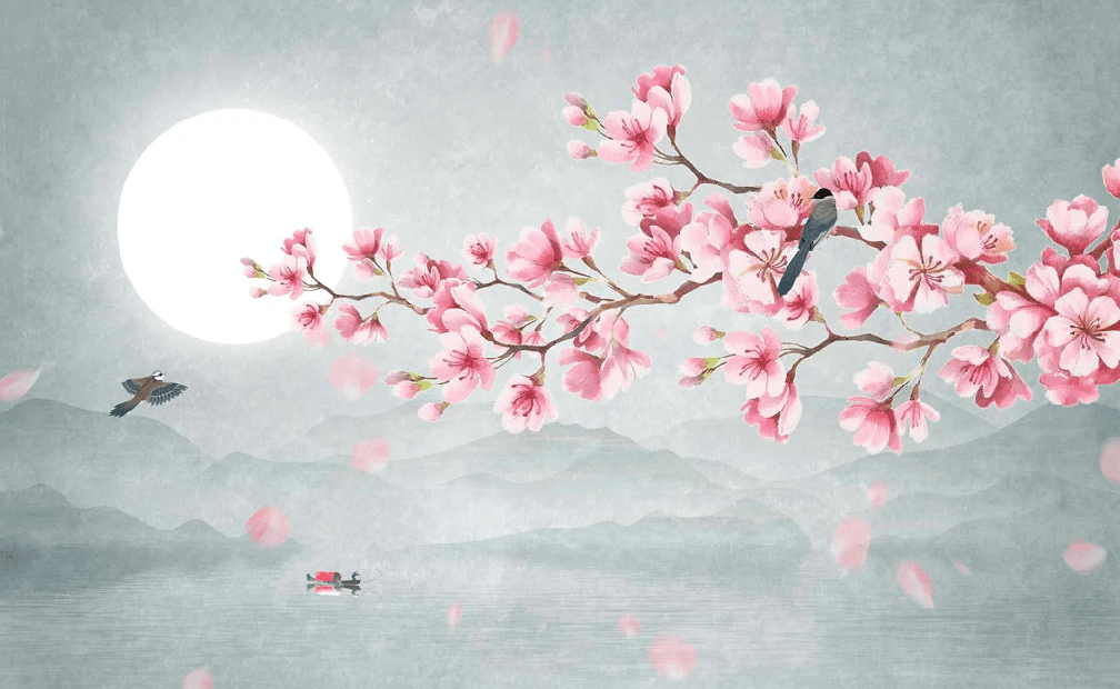 Poetic cherry blossom floral pattern bathroom wallpaper