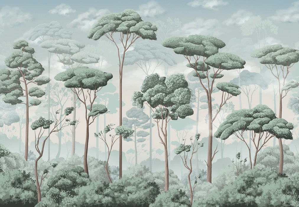 Panoramic wallpaper: voluptuous pine forest