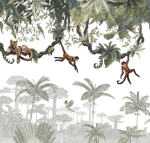 Children's wallpaper featuring monkeys playing