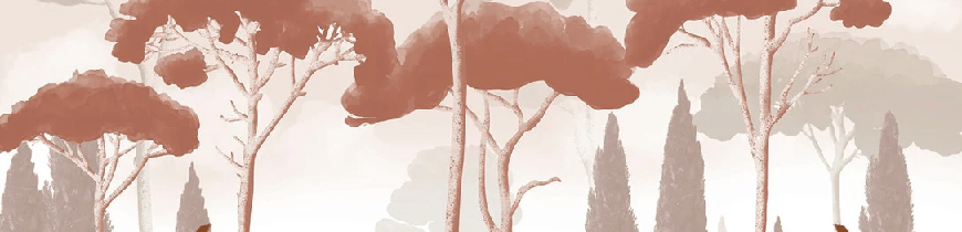 Cypress, pine, and pampas grass wallpaper in terracotta