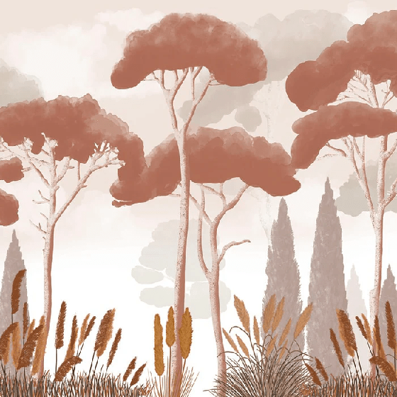 Cypress, pine, and pampas grass wallpaper in terracotta