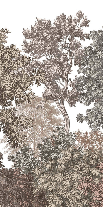 Forest landscape wallpaper with pink engraving