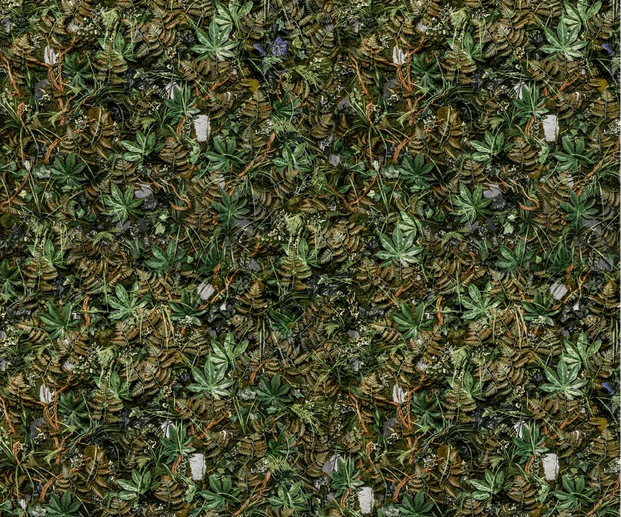 Panoramic trompe l'oeil wallpaper with a plant wall design