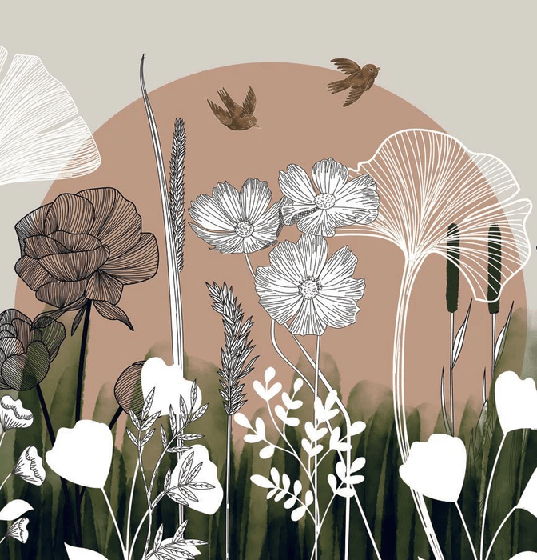 Panoramic wallpaper with floral illustration