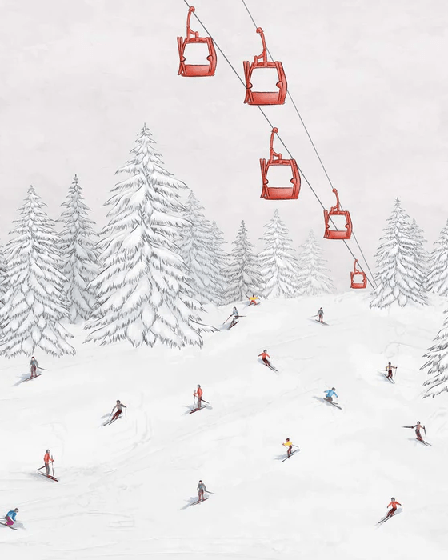 Colorful skiers gondola wallpaper