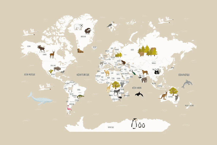 Beige French children's world map wallpaper