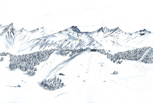 Papier peint montagne Megève – Fresque artistique peinte à la main - Muralconcept