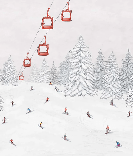 Colorful skiers gondola wallpaper