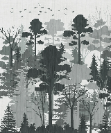 Panoramic wallpaper featuring a green forest landscape